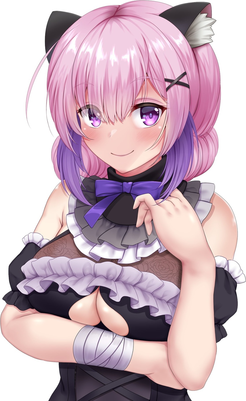 animal_ear_fluff animal_ears arm_under_breasts black_dress blush bow breast_rest breasts busou_kanojo cat_ears closed_mouth dress eyeshadow female frills fujisaki_touka hair_ornament highres large_breasts looking_at_viewer makeup medium_hair multicolored_hair purple_bow purple_eyes purple_eyeshadow purple_hair shiny_skin simple_background smile solo strelka_belca two-tone_hair underboob upper_body virtual_youtuber white_background x_hair_ornament