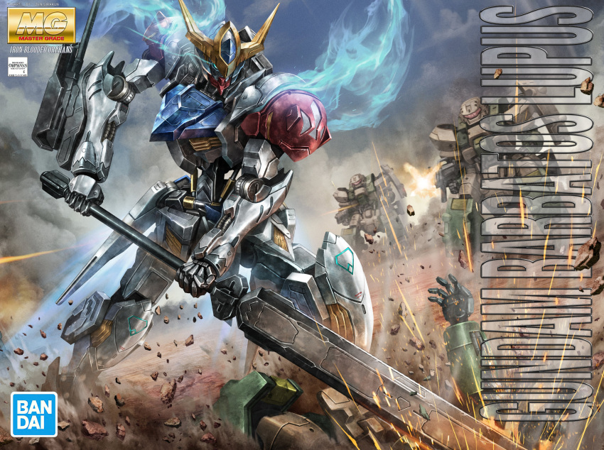 absurdres bandai battle box_art character_name copyright_name fake_box_art firing garm_rodi glowing glowing_eye graze_(mobile_suit) gun gundam gundam_barbatos gundam_barbatos_lupus gundam_tekketsu_no_orphans highres holding holding_gun holding_sword holding_weapon looking_down mecha no_humans open_hand robot science_fiction solo_focus sword v-fin weapon zen_(jirakun)