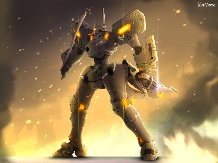 assault_visor clenched_hand fire hattorin highres holding holding_sword holding_weapon looking_ahead mecha mig-21_balalaika_(muv-luv) muv-luv muv-luv_alternative no_humans robot schwarzesmarken science_fiction smoke solo standing sword tactical_surface_fighter weapon