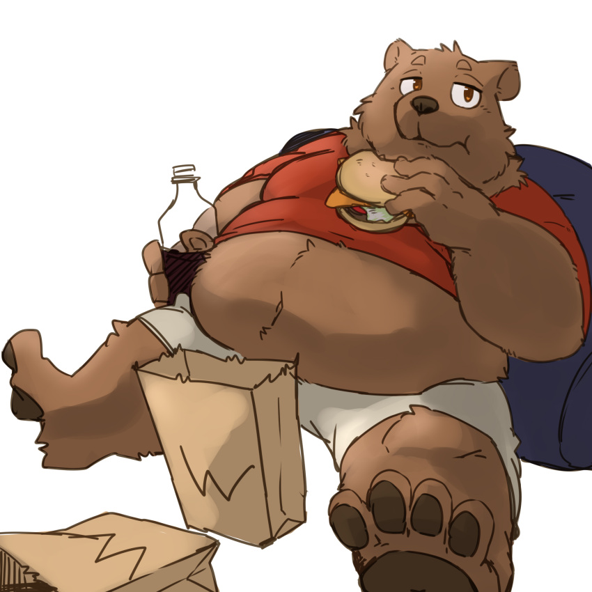 1:1 2021 anthro bear belly big_belly bottomwear brown_body brown_fur burger clothing donguri eating food fur hi_res humanoid_hands kemono male mammal overweight overweight_anthro overweight_male shirt shorts sitting solo topwear