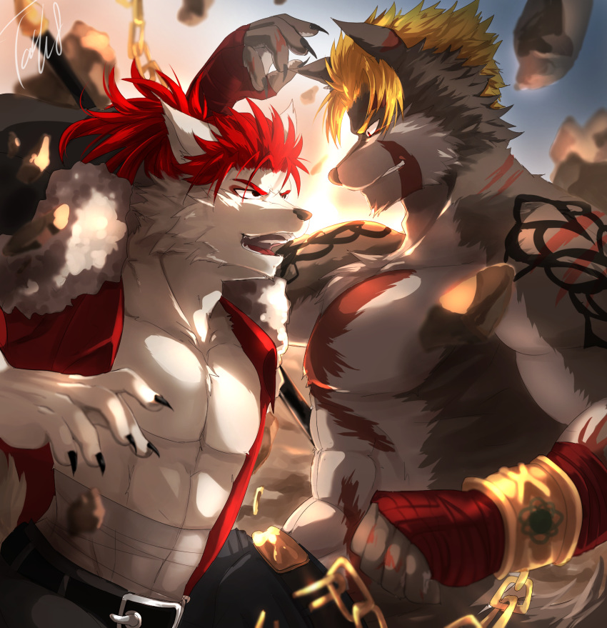 alternate_species anthro berserker_beowulf canid canine canis duo fate_(series) furrification hi_res lancer_li_shuwen male mammal muscular muscular_male red_eyes tach8 type-moon wolf