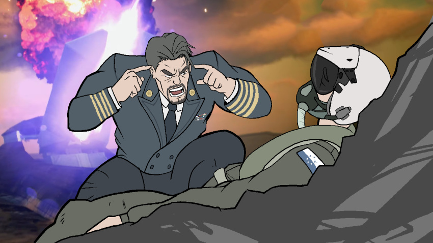 2boys ace_combat ace_combat_7 alicorn_(ace_combat) black_necktie commentary derivative_work eeversti english_commentary explosion facial_hair goatee grey_hair invincible_(series) long_sleeves looking_at_another matias_torres meme military military_uniform multiple_boys necktie open_mouth osean_flag parody pilot_helmet pilot_suit pointing pointing_at_self science_fiction screenshot_redraw spoilers teeth think_mark_think!_(meme) trigger_(ace_combat) uniform