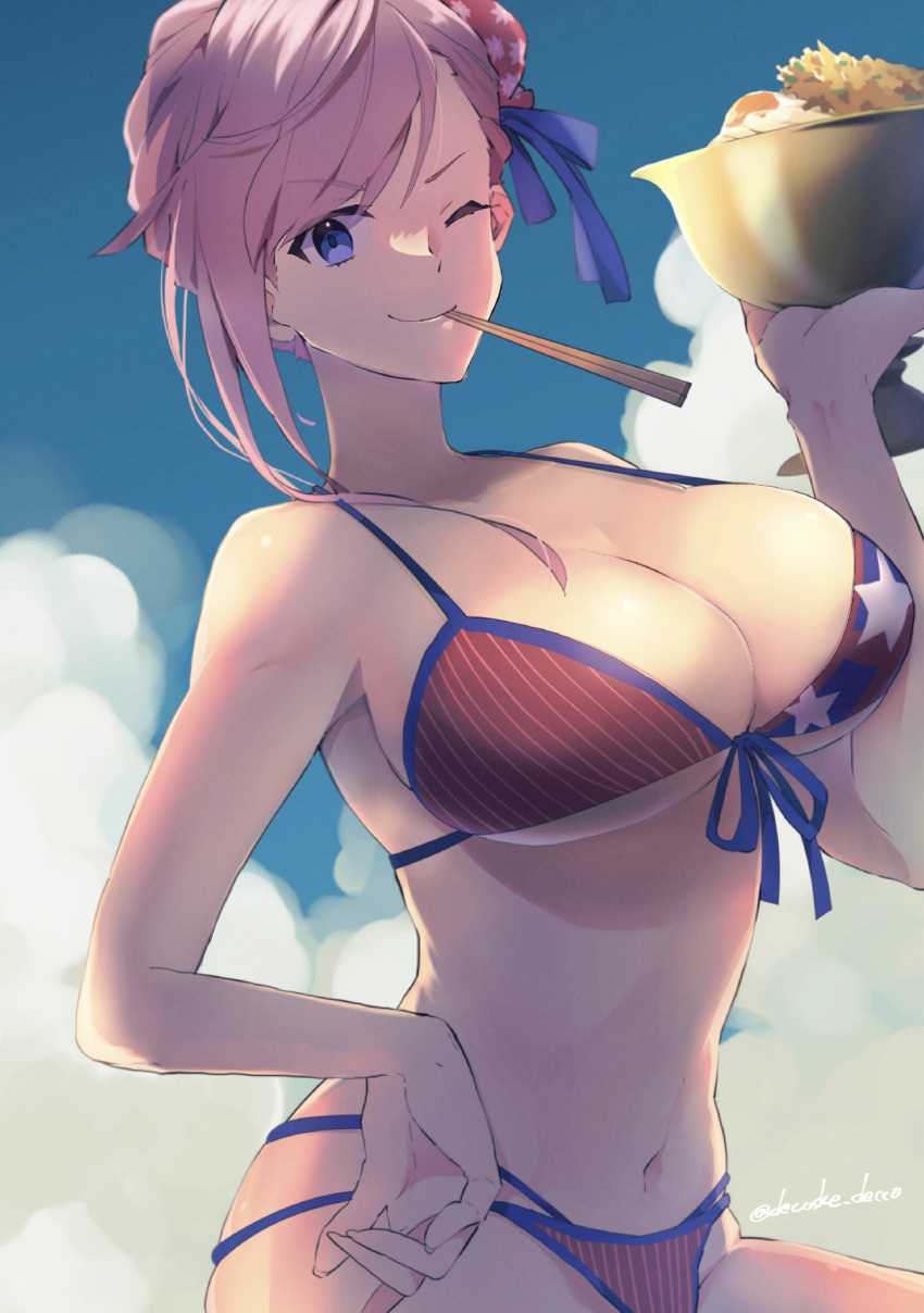 american_flag american_flag_bikini american_flag_print asymmetrical_hair bikini blue_eyes blue_ribbon blue_sky bowl breasts chalice chopsticks chopsticks_in_mouth cleavage cloud cup decoske_decco fate/grand_order fate_(series) female flag_print food hair_ribbon hand_on_own_hip hand_up highres holding holding_bowl large_breasts looking_at_viewer miyamoto_musashi_(fate) miyamoto_musashi_(swimsuit_berserker)_(fate) miyamoto_musashi_(swimsuit_berserker)_(second_ascension)_(fate) mouth_hold navel no_jacket one_eye_closed outdoors pink_hair print_bikini ribbon sky solo strap_gap swimsuit twitter_username v-shaped_eyebrows