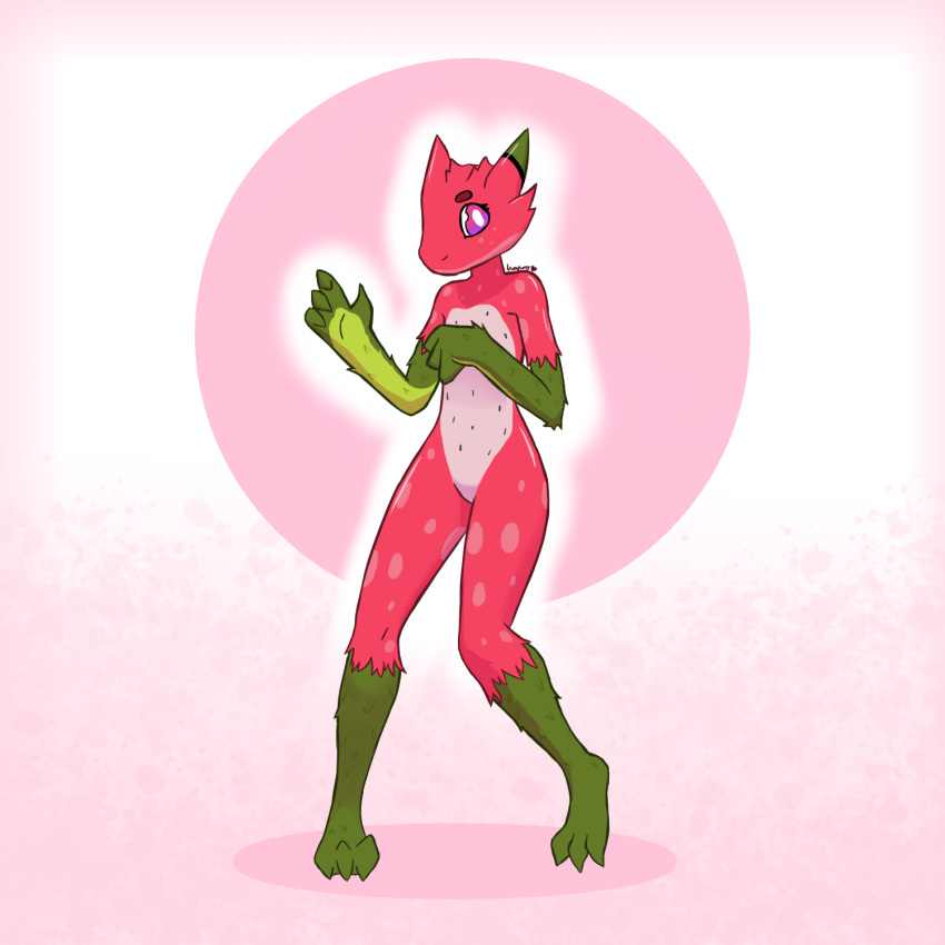 1:1 3_toes 4_fingers anthro artist_name belly claws countershading digital_media_(artwork) dragon_fruit dragon_fruit_markings elemental_creature featureless_chest featureless_crotch feet female fingers flat_chested flora_fauna food food_creature fruit fur gradient_background green_body green_fur hapromeen heart_after_signature heart_symbol hi_res kobold living_fruit multicolored_body nude pink_background pink_body pink_skin plant purple_eyes simple_background solo spots spotted_belly spotted_chest toes