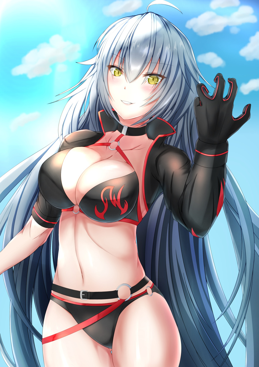 absurdres ahoge ass_visible_through_thighs asymmetrical_sleeves belt bikini black_belt black_bikini black_choker black_gloves black_jacket blue_sky blush breasts choker cloud collar collarbone collared_jacket cowboy_shot day fate/grand_order fate_(series) female gloves grey_hair hair_between_eyes hand_up highres jacket jeanne_d'arc_alter_(fate) jeanne_d'arc_alter_(swimsuit_berserker)_(fate) jewelry large_breasts long_hair long_sleeves looking_at_viewer messy_hair midriff navel o-ring o-ring_bikini open_clothes open_jacket outdoors parted_lips short_sleeves shrug_(clothing) sky smile solo standing swimsuit tiri_man uneven_sleeves very_long_hair yellow_eyes