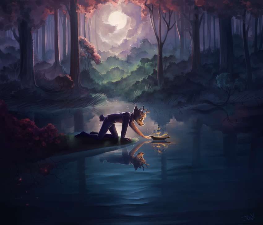 2019 all_fours anthro antlers bedroom_eyes boat bottomwear clothed clothing crawling deer detailed_background digital_media_(artwork) digital_painting_(artwork) footwear forest full_moon fully_clothed glowing grass hi_res horn lake light mammal moon moonlight narrowed_eyes night pants plant plantigrade reaching_out reflection seductive shirt shoes side_view smile solo topwear toy tree twymouse vehicle water watercraft