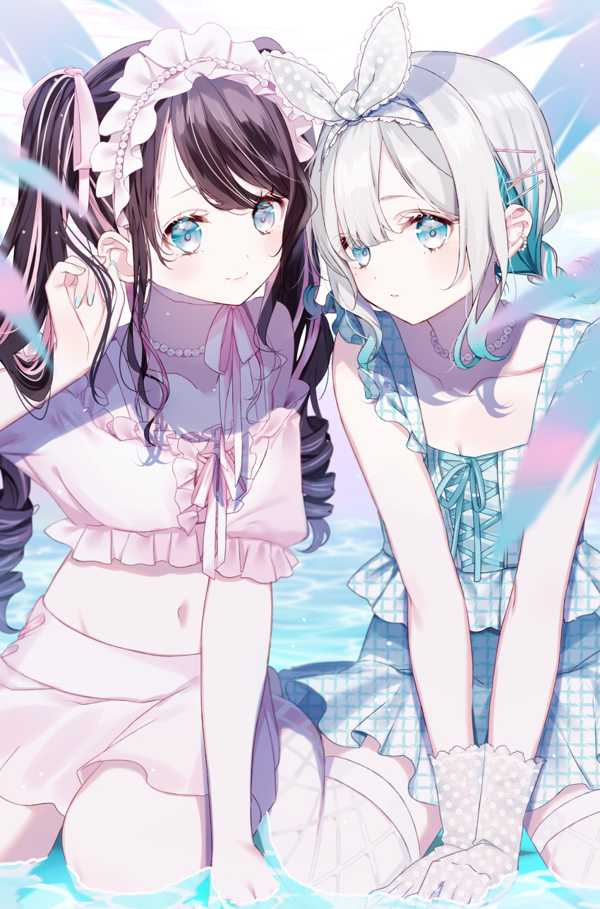 2girls arm_support bare_shoulders black_hair blue_eyes blue_hair blue_nails closed_mouth collarbone crop_top dress fishnet_thighhighs fishnets foot_out_of_frame green_ribbons grey_hair grey_hairband hair_ornament hair_ribbon hairband hairclip hand_up highres kaga_nazuna kaga_sumire long_hair lupinus_virtual_games midriff misumi_(macaroni) multicolored_hair multiple_girls nail_polish navel off-shoulder_shirt off_shoulder parted_lips pink_hair pink_shirt pink_skirt polka_dot polka_dot_gloves polka_dot_ribbon puffy_short_sleeves puffy_sleeves ribbon ringlets see-through shallow_water shirt short_sleeves side-by-side sitting skirt smile streaked_hair thighhighs twintails two-tone_hair unmoving_pattern v_arms very_long_hair virtual_youtuber vspo! wariza water white_dress white_thighhighs x_hair_ornament