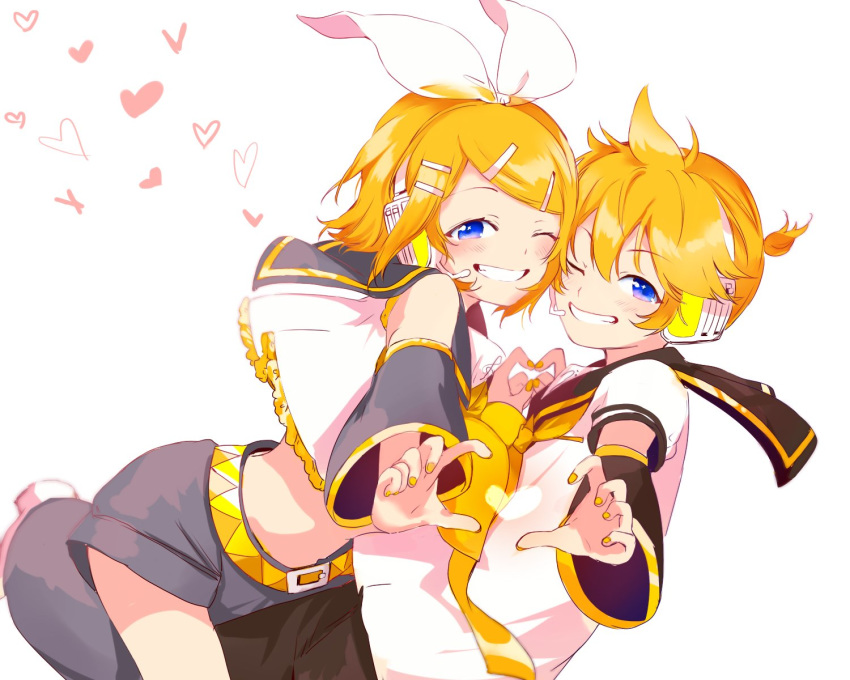 1boy bad_id bad_twitter_id bare_shoulders black_sailor_collar black_shorts black_sleeves blonde_hair blue_eyes bow commentary crop_top detached_sleeves face-to-face female grin hair_ornament hairbow hairclip headphones headset heart heart_background heart_hands heart_hands_duo highres kagamine_len kagamine_rin leaning_forward light_blush looking_at_viewer nail_polish neckerchief necktie one_eye_closed outstretched_arm oyamada_gamata sailor_collar school_uniform shirt short_hair short_ponytail short_sleeves shorts smile spiked_hair swept_bangs symbol-only_commentary symmetrical_pose vocaloid white_background white_bow white_shirt yellow_nails yellow_neckerchief yellow_necktie