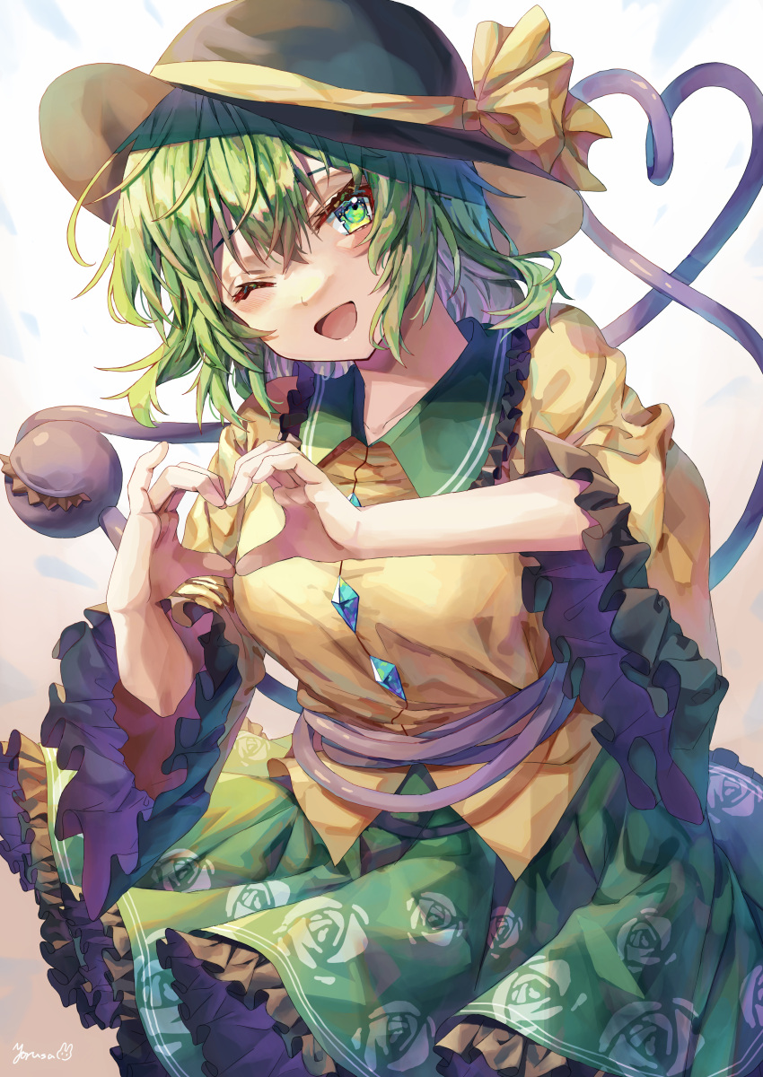 ;d absurdres female floral_print green_eyes green_hair hat heart heart_hands heart_of_string highres komeiji_koishi looking_at_viewer medium_hair one_eye_closed simple_background smile solo third_eye touhou white_background yoru_usagi