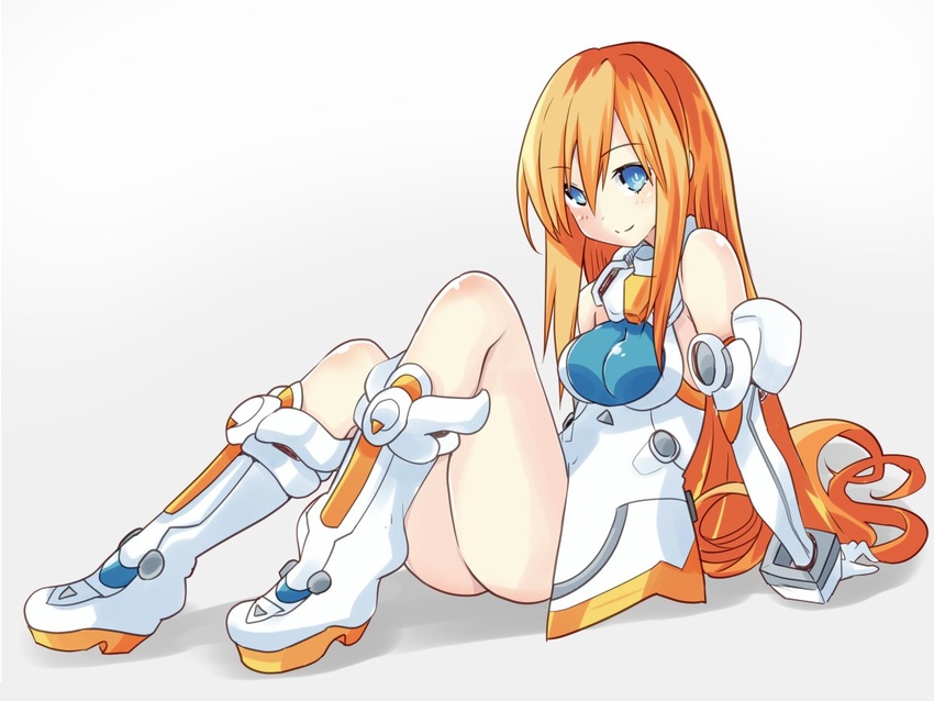 ass bare_shoulders blue_eyes boots female full_body hair_between_eyes hair_down iwashi_dorobou_-r- leotard long_hair looking_at_viewer neptune_(series) open_mouth orange_hair orange_heart_(neptunia) power_symbol power_symbol-shaped_pupils shin_jigen_game_neptune_vii smile solo symbol-shaped_pupils