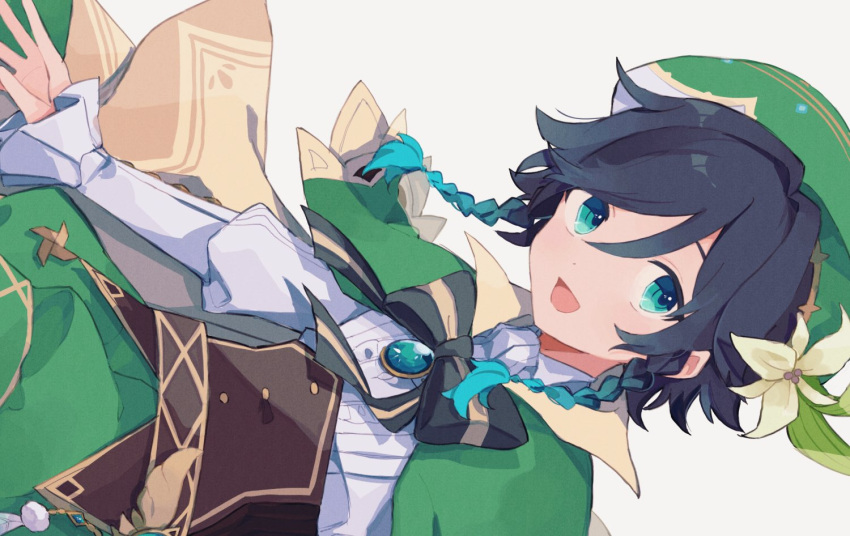 1boy androgynous bad_id bad_twitter_id beret black_hair blue_eyes blue_hair bow braid brooch cape collared_cape collared_shirt corset flower frilled_sleeves frills gem genshin_impact gradient_hair green_hat green_shorts hat hat_flower jewelry leaf long_sleeves looking_at_viewer male_focus multicolored_hair open_mouth pinwheel shirt short_hair_with_long_locks shorts simple_background smile solo tabemon_oishi twin_braids venti_(genshin_impact) vision_(genshin_impact) white_background white_flower white_shirt