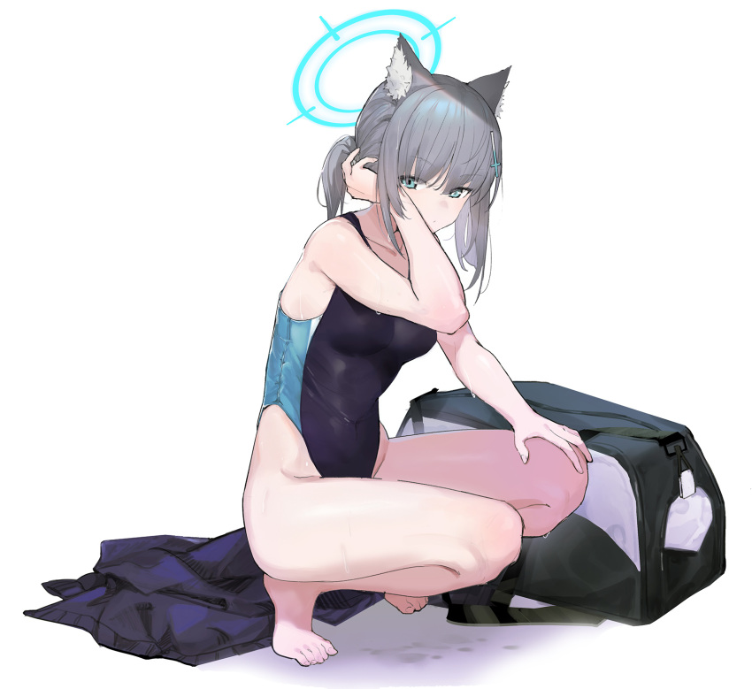 animal_ear_fluff animal_ears bag bare_arms bare_legs black_one-piece_swimsuit blue_archive blue_eyes commentary competition_swimsuit duffel_bag female grey_hair hair_ornament halo highres looking_at_viewer medium_hair mismatched_pupils multicolored_clothes multicolored_swimsuit official_alternate_costume one-piece_swimsuit oooomiga shiroko_(blue_archive) shiroko_(swimsuit)_(blue_archive) solo squatting swimsuit symbol-only_commentary wet white_background wolf_ears