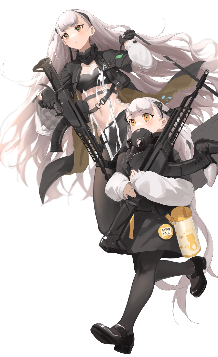 2girls absurdres age_difference ak-alfa ak-alfa_(cat_snatcher_beneath_the_stars)_(girls'_frontline) ak-alfa_(girls'_frontline) assault_rifle black_gloves black_hairband character_name commentary covered_mouth dual_persona flying_sweatdrops gas_mask girls'_frontline gloves grey_hair grey_legwear gun hairband highres holding holding_gun holding_weapon jacket long_hair mary_janes mask multiple_girls navel open_clothes open_jacket orange_eyes pantyhose rifle rui_(rei_leyi) see-through see-through_jacket shoes sleeves_past_wrists thermos trigger_discipline very_long_hair weapon white_hair