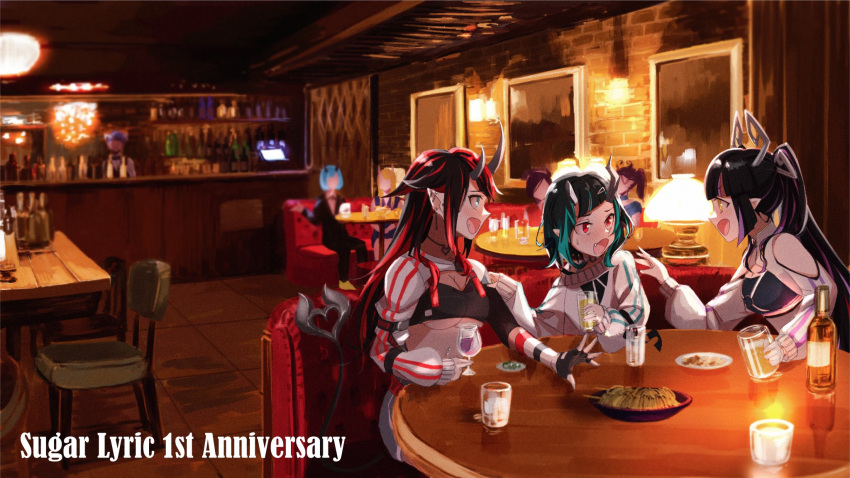 6+girls alcohol anniversary arm_strap bar_(place) beer belt bikini bikini_top_only black_bikini black_gloves black_hair blonde_hair blue_eyes blue_hair blue_shorts blush booth_seating breasts chair character_request cleavage commentary_request compression_sleeve copyright_name cup demon_girl demon_horns demon_tail drinking_glass fingerless_gloves flat_chest gin_(tttetu123) gloves grey_sweater highres horns indoors jacket jewelry kojo_anna kojo_anna_(2nd_costume) lamp large_breasts long_hair long_sleeves looking_at_another medium_breasts midriff multicolored_hair multiple_girls nanashi_inc. navel navel_piercing necklace oerba_yun_fang off_shoulder official_alternate_costume open_mouth people piercing pointy_ears purple_hair red_belt red_eyes red_hair restaurant ryugasaki_rene ryugasaki_rene_(2nd_costume) shishio_chris shishio_chris_(2nd_costume) short_hair shorts shrug_(clothing) single_bare_shoulder single_glove single_sleeve sitting smile striped_clothes striped_jacket sugar_lyric sweater swimsuit table tail twintails two-tone_hair underboob upper_body virtual_youtuber white_jacket wine wine_glass