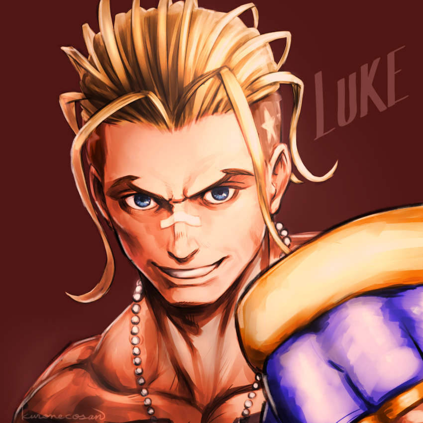 1boy blonde_hair blue_eyes buzz_cut character_name collarbone commentary english_commentary grin hair_slicked_back highres jewelry kuroneco looking_at_viewer luke_sullivan male_focus mixed-language_commentary necklace nose_tape portrait red_background short_hair signature simple_background smile solo star_(symbol) street_fighter street_fighter_v very_short_hair