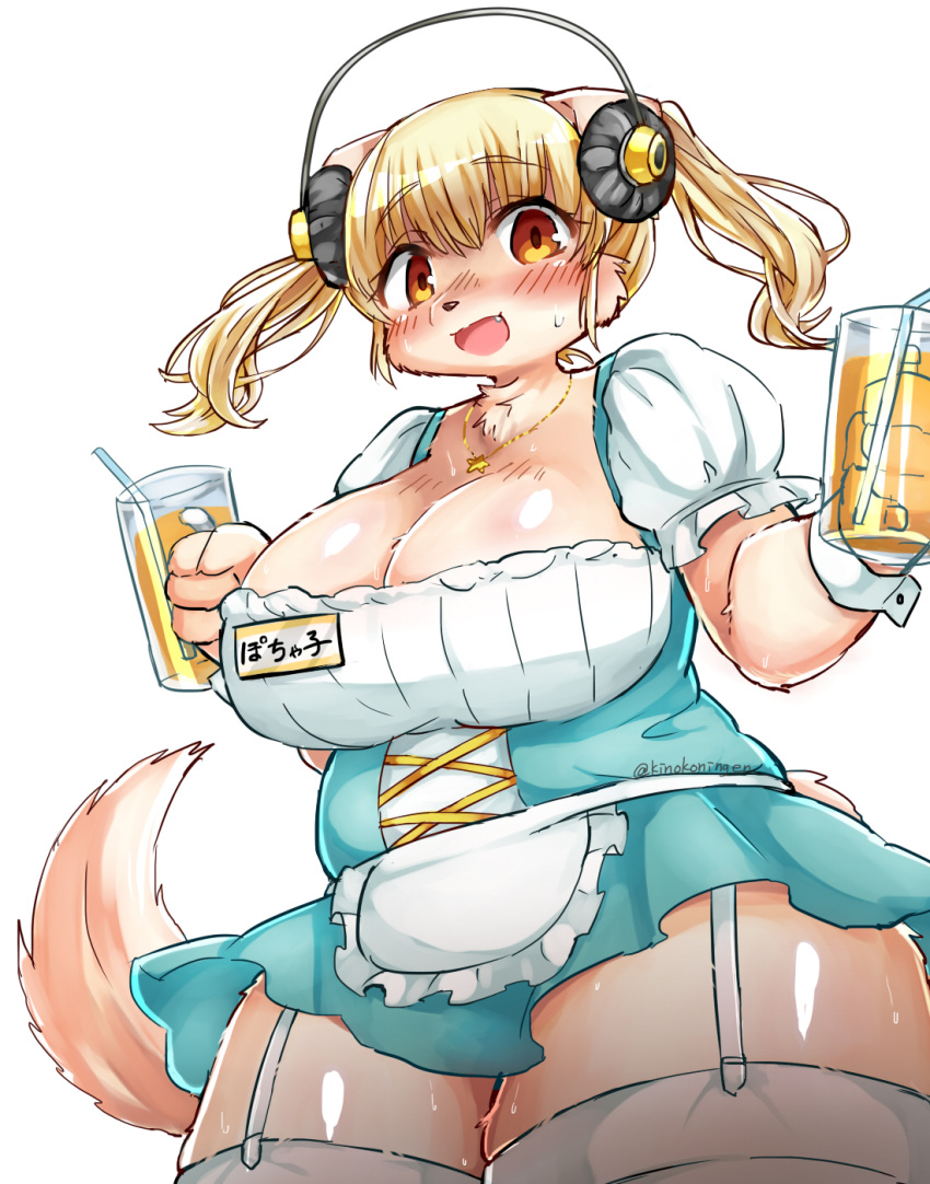 animal_ears apron artist_name blonde_hair blush breasts brown_eyes cleavage commentary_request cosplay cowboy_shot cup drink drinking_straw female furry furry_female headphones highres holding holding_cup holding_drink jewelry kinokoningen large_breasts long_hair looking_at_viewer name_tag necklace nitroplus oerba_yun_fang open_mouth plump short_sleeves simple_background solo star_(symbol) star_necklace super_pochaco sweat tail tareme thick_thighs thighhighs thighs translated twintails waist_apron white_background white_wrist_cuffs wrist_cuffs