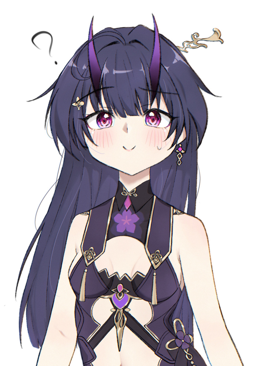 ? bare_shoulders breasts china_dress chinese_clothes cleavage closed_mouth commentary_request dress earrings female hair_ornament highres honkai_(series) honkai_impact_3rd horns jewelry long_hair looking_at_viewer no_bodysuit official_alternate_costume purple_dress purple_eyes purple_hair qian_xii raiden_mei raiden_mei_(herrscher_of_thunder) raiden_mei_(rainy_springtide)_(honkai_impact) simple_background single_earring sleeveless sleeveless_dress smile solo sweatdrop white_background