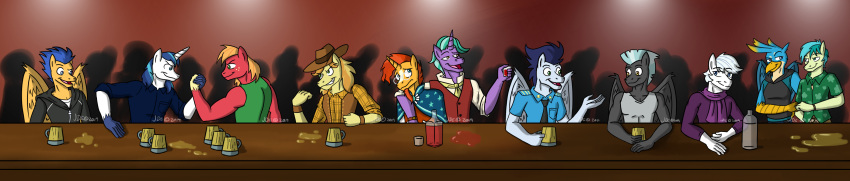 anthro arm_wrestling avian big_macintosh_(mlp) bottle braeburn_(mlp) cloak clothing container cowboy_hat cup double_diamond_(mlp) earth_pony equid equine eyewear firelight_(mlp) fist_bump flash_sentry_(mlp) friendship_is_magic gallus_(mlp) gesture glasses group gryphon hasbro hat headgear headwear hi_res horn horse jde10 long_image male mammal mug my_little_pony mythological_avian mythological_creature mythological_equine mythology pegasus pony sandbar_(mlp) shining_armor_(mlp) soarin_(mlp) sunburst_(mlp) thunderlane_(mlp) topwear unicorn vest wide_image widescreen wings wonderbolts_(mlp)