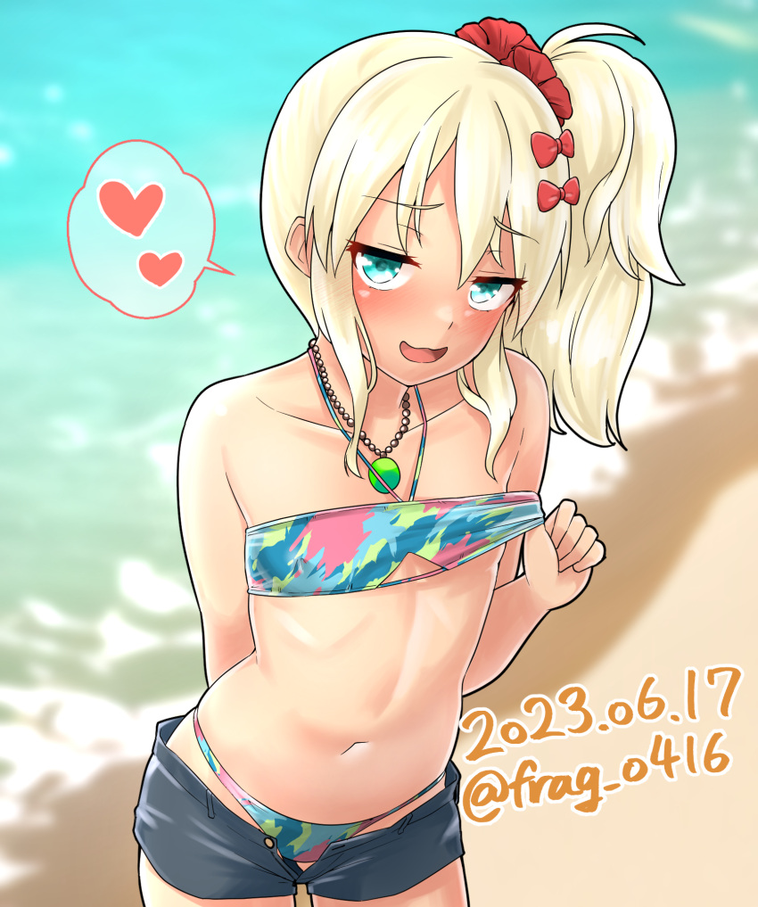 bandeau bikini bikini_pull black_shorts blonde_hair blue_bikini clothes_pull dated day female flat_chest furaggu_(frag_0416) grecale_(kancolle) grecale_(swimsuit_mode)_(kancolle) green_eyes halterneck heart highres jewelry kantai_collection leaning_forward long_hair looking_at_viewer multicolored_bandeau navel necklace no_shirt official_alternate_costume official_alternate_hairstyle one-hour_drawing_challenge open_fly outdoors ribs short_shorts shorts side_ponytail sidelocks smile solo spoken_heart stomach swimsuit waves