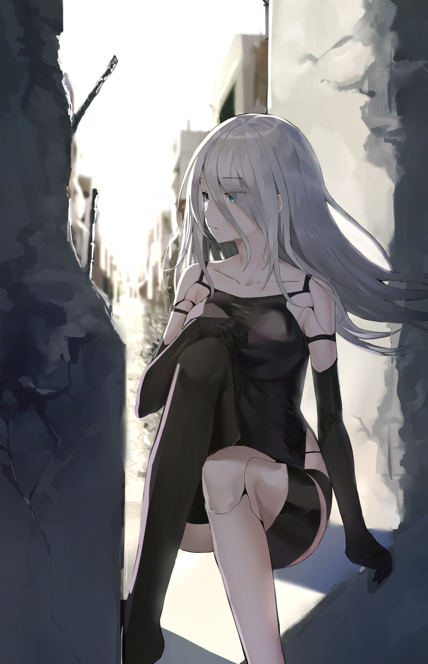 a2_(nier:automata) absurdres afe android armlet bare_shoulders black_gloves black_shorts black_tank_top blue_eyes collarbone concrete elbow_gloves female gloves hair_between_eyes highres joints long_hair nier:automata nier_(series) robot_joints shorts sitting solo tank_top white_hair