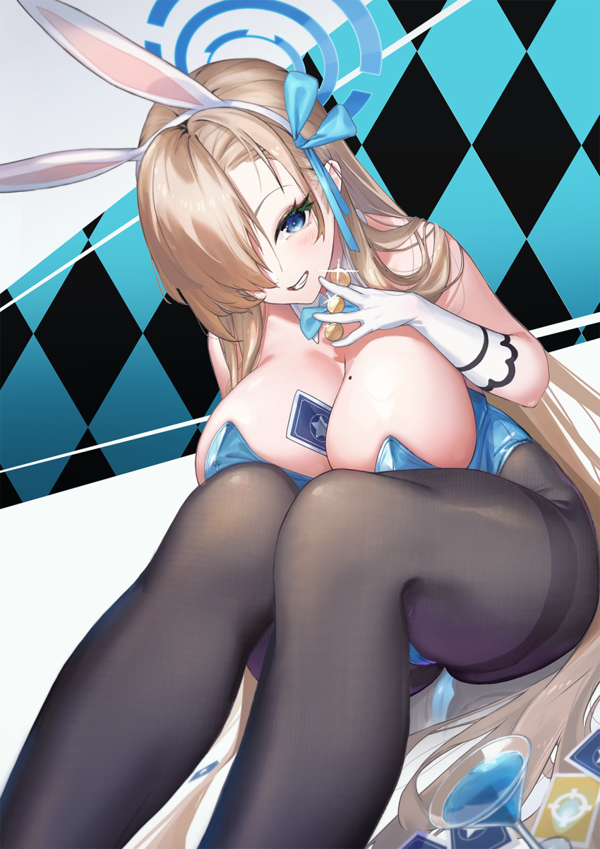 animal_ears asuna_(blue_archive) asuna_(bunny)_(blue_archive) bare_shoulders blue_archive blue_eyes blue_leotard blush bow bowtie breasts brown_pantyhose card cleavage cocktail_glass commentary cup detached_collar drinking_glass elbow_gloves fake_animal_ears female gloves grin hair_over_one_eye halo highleg highleg_leotard highres large_breasts leotard light_brown_hair long_hair looking_at_viewer mole mole_on_breast nox13 official_alternate_costume pantyhose playboy_bunny playing_card rabbit_ears sideboob sitting smile solo strapless strapless_leotard thighband_pantyhose thighs traditional_bowtie white_gloves