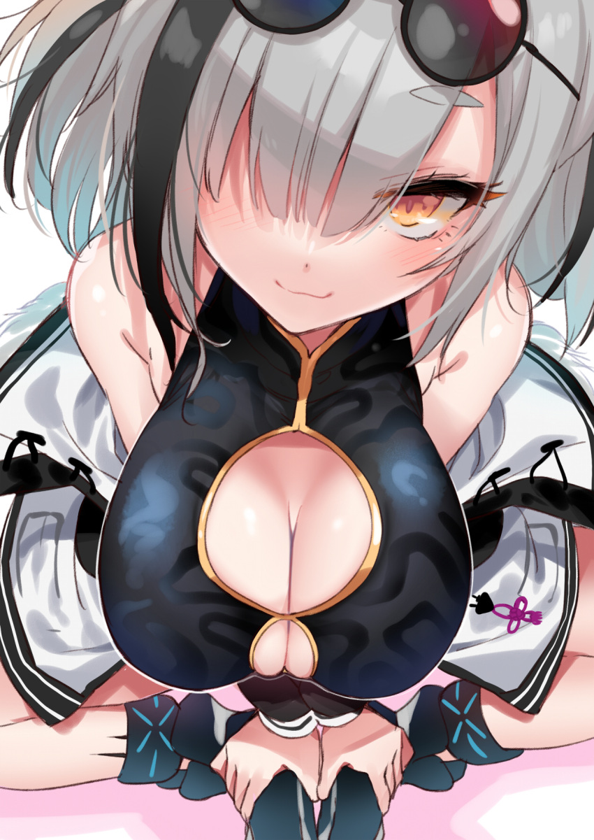 arknights bare_shoulders black_footwear black_hair blush breasts cleavage cleavage_cutout closed_mouth clothing_cutout eyewear_on_head feater_(arknights) female from_above grey_hair hair_over_one_eye highres indian_style kiyu_rei large_breasts looking_at_viewer multicolored_hair orange_eyes short_hair sitting sleeveless smile solo sunglasses thick_eyebrows two-tone_hair white_background