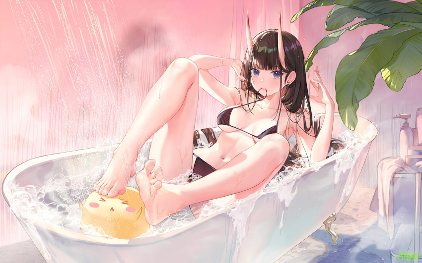 animal arm_up armpits atdan azur_lane bangs bare_arms bare_legs bare_shoulders bathing bathtub bikini bird black_bikini black_hair blunt_bangs breasts breasts_apart chick collarbone earrings feet female hair_tie_in_mouth halter_top halterneck hand_up highres horns jewelry leaf legs_up long_hair looking_at_viewer manjuu_(azur_lane) medium_breasts mouth_hold navel noshiro_(azur_lane) noshiro_(cozy_enclave)_(azur_lane) oni_horns purple_eyes revision showering soap_bubbles solo stomach string_bikini stud_earrings swimsuit thighs toes water wet