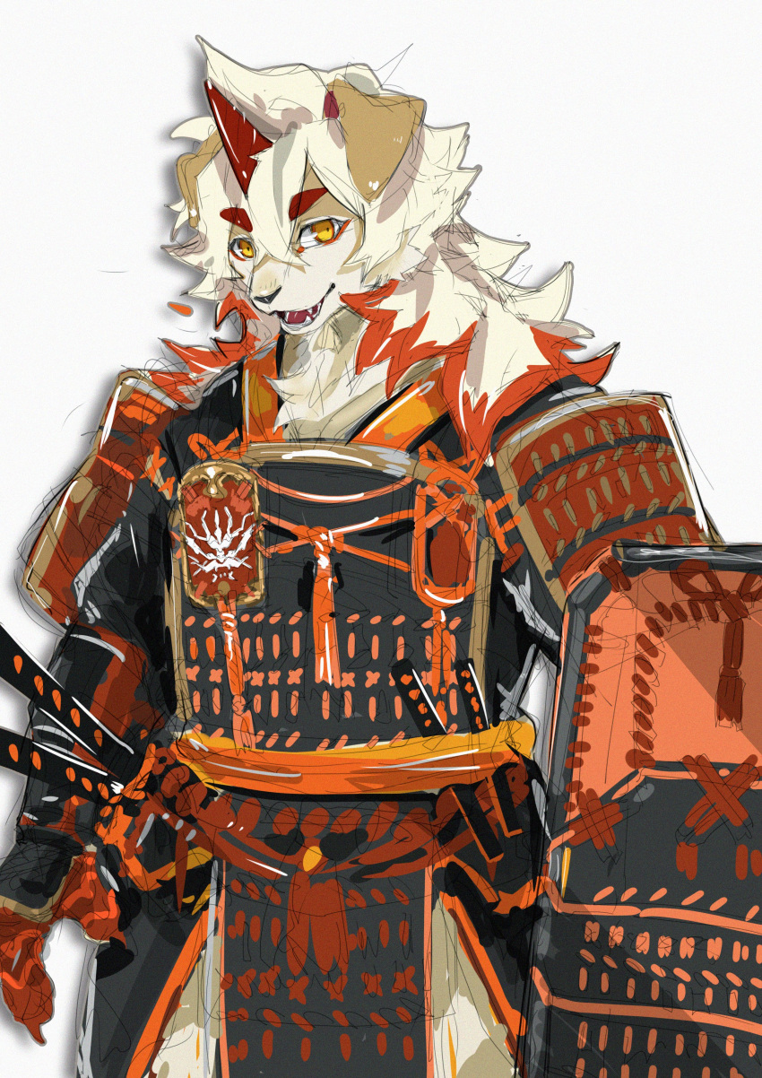 2023 absurd_res anthro ao_gravity arknights asian_clothing canid canine canis clothing domestic_dog east_asian_clothing fur hair hi_res horn hung_(arknights) hypergryph japanese_armor japanese_clothing long_hair looking_at_viewer male mammal shield solo studio_montagne tan_body tan_fur white_body white_fur white_hair yellow_eyes