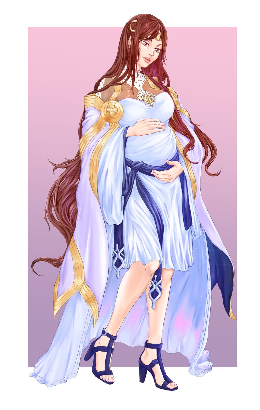 altena_(fire_emblem) alternate_costume bodystocking border breasts brown_eyes brown_hair commission cosplay deirdre_(fire_emblem) deirdre_(fire_emblem)_(cosplay) dress english_commentary female fire_emblem fire_emblem:_genealogy_of_the_holy_war full_body hair_behind_ear high_heels highres large_breasts long_hair looking_down off_shoulder outside_border pregnant purple_background purple_footwear purple_shawl second-party_source shawl solo tiametta toes very_long_hair white_border white_dress