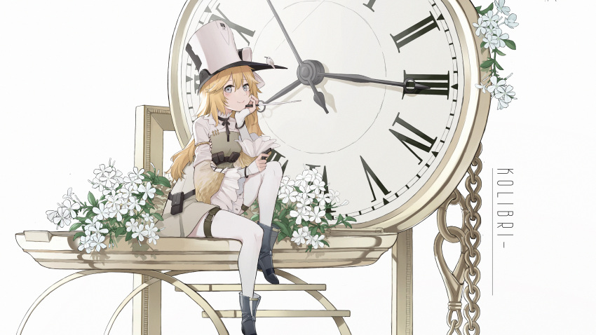 absurdres afa ammunition_pouch arm_support bird blonde_hair blue_eyes boots bracelet breasts character_name check_commentary clock commentary_request conductor_baton dress female flower frilled_sleeves frills girls'_frontline gun hair_between_eyes hand_on_own_chin handgun hat highres holding holding_gun holding_weapon hummingbird jewelry knee_up kolibri kolibri_(girls'_frontline) long_hair pantyhose pocket_watch pouch sleeves_past_wrists small_breasts smile solo thigh_strap watch weapon wide_sleeves