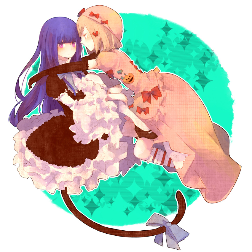 0930erina 2girls bad_id bad_pixiv_id beret blonde_hair blue_eyes blue_hair bow cat_tail dress elbow_gloves frederica_bernkastel gloves hair_ornament hat highres lambdadelta multiple_girls pink_hat tail umineko_no_naku_koro_ni