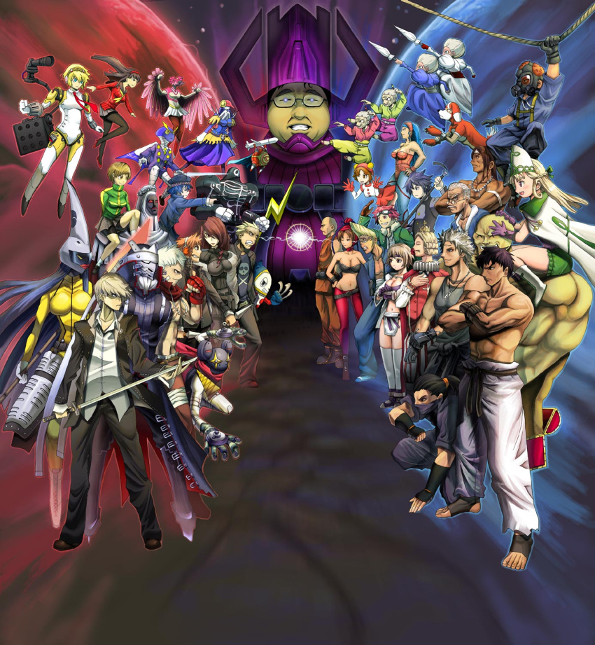 6+boys 6+girls aegis_(persona) amagi_yukiko angela_belti annie_hamilton artemisia_(megami_tensei) atlus black_hair blonde_hair blue_hair breasts brown_eyes brown_hair character_request commentary_request company_connection elizabeth_belti everyone fantastic_four galactus glasses gouketsuji_ichizoku gouketsuji_otane gouketsuji_oume hair_over_one_eye hanamura_yousuke hananokouji_kurara hat hattori_saizou hattori_takumi headphones highres jiraiya_(persona_4) joumon_hikaru keith_wayne kirijou_mitsuru kokuuin_kanji konohana_sakuya kuma_(persona_4) kuno_buntarou kuno_shintarou large_breasts long_hair marvel marvel_vs._capcom marvel_vs._capcom_3 medium_breasts multiple_boys multiple_girls narukami_yuu neck_ruff one_eye_closed ooyama_reiji ooyama_rin opposing_sides pantyhose parody persona persona_3 persona_4 persona_4:_the_ultimate_in_mayonaka_arena poochy_(gouketsuji_ichizoku) prince_(gouketsuji_ichizoku) princess_sissy promotional_art purple_hair red_eyes red_hair sanada_akihiko sandra_belti satonaka_chie saturn-freak shirogane_naoto smile sword take-mikazuchi tatsumi_kanji thin_nen tomoe_(persona_4) weapon white_buffalo white_hair