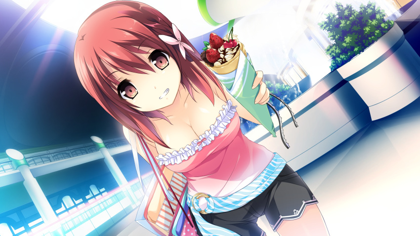 bag belt breasts casual cleavage crepe female food game_cg grin hair_ribbon highres himegi_ageha kono_oozora_ni_tsubasa_wo_hirogete leaning_forward looking_at_viewer medium_breasts motoi_ayumu red_eyes red_hair ribbon shopping_bag short_hair shorts smile strapless