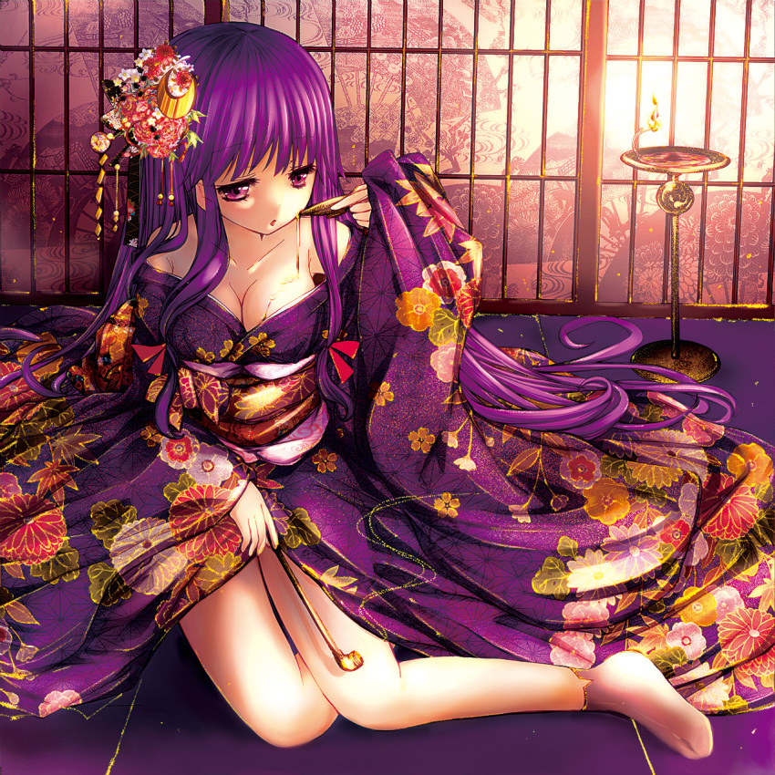 alternate_costume breasts catbell cleavage commentary_request crescent crescent_hair_ornament cup female flower hair_flower hair_ornament highres japanese_clothes kimono kiseru long_hair medium_breasts patchouli_knowledge photoshop_(medium) purple_eyes purple_hair purple_kimono sakazuki sitting smoking_pipe solo tabi touhou yokozuwari yuujo