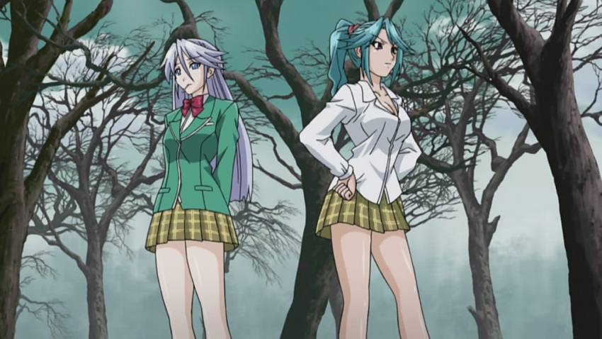 2girls bare_legs blazer blue_hair bow breasts candy cleavage demon_girl flashback kurono_ageha lollipop long_hair multiple_girls ponytail rosario+vampire shirayuki_tsurara succubus yuki_onna