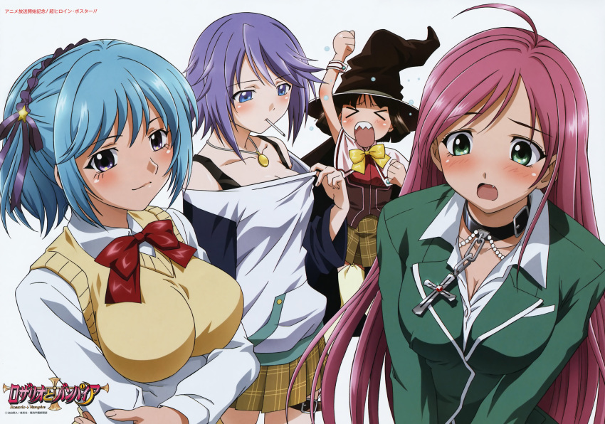 >_< absurdres akashiya_moka blazer blue_eyes blue_hair blush breast_envy breasts brown_hair closed_eyes fangs hat highres kurono_kurumu long_hair oerba_yun_fang pink_hair ponytail purple_eyes purple_hair rosario+vampire school_uniform sendou_yukari shirayuki_mizore short_hair