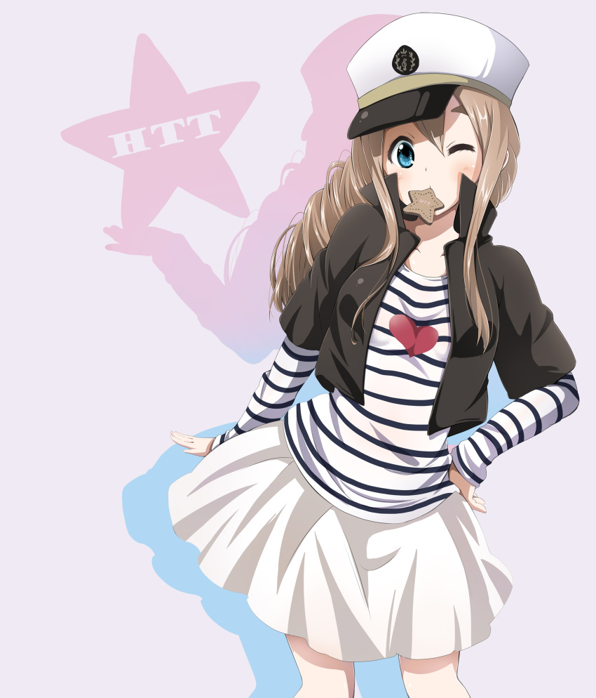 absurdres bad_id bad_pixiv_id blonde_hair blue_eyes cookie female food hat highres k-on! kotobuki_tsumugi listen!! long_hair mouth_hold official_style one_eye_closed photoshop_(medium) ragho_no_erika skirt solo star_(symbol)