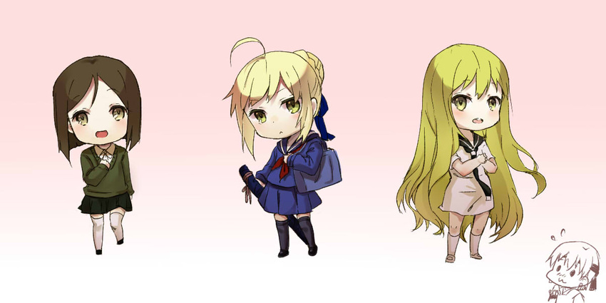 1boy 3girls ahoge artoria_pendragon_(fate) bad_id bad_pixiv_id blonde_hair bob_cut brown_hair capsule_servant chibi enkidu_(fate) enkidu_(sensha_otoko)_(fate) fate/strange_fake fate/zero fate_(series) genderswap_(mtf) gilgamesh_(fate) gilgamesh_(sensha_otoko)_(fate) green_eyes green_hair light_green_hair long_hair master_artoria multiple_girls rule_63 saber_(fate) school_uniform sensha_otoko serafuku short_hair thighhighs waver_velvet waver_velvet_(sensha_otoko) xuehua