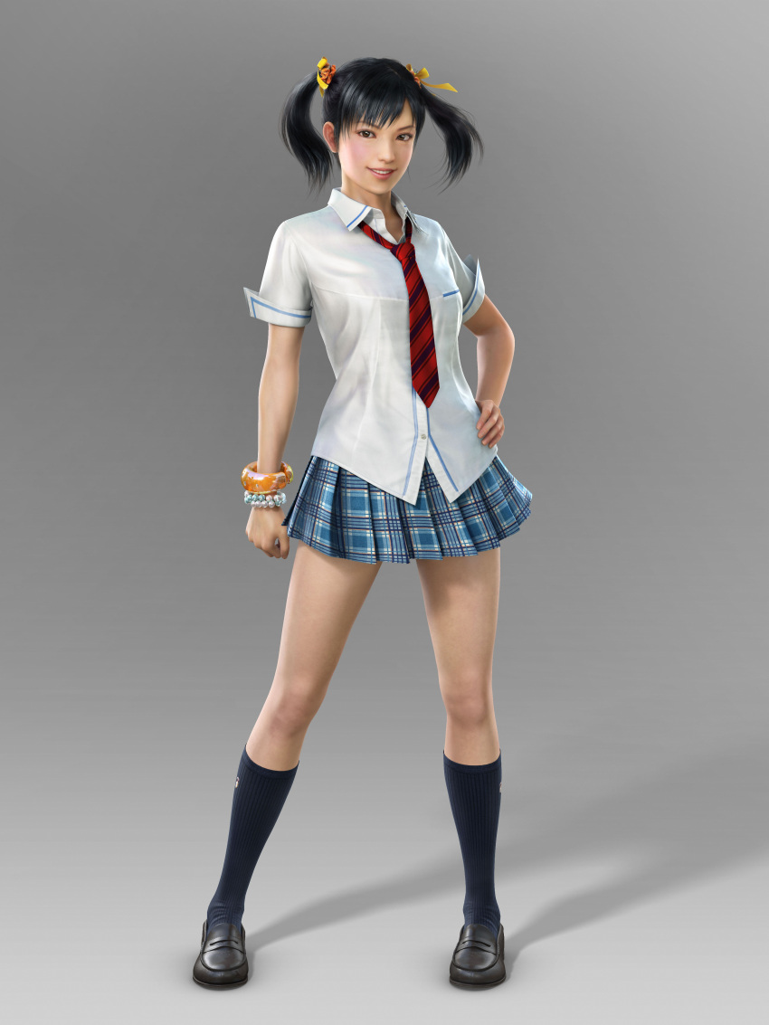 3d absurdres black_hair bracelet female footwear full_body gradient gradient_background highres jewelry ling_xiaoyu namco necktie official_art school_uniform skirt smile socks solo tekken tekken_blood_vengeance twintails