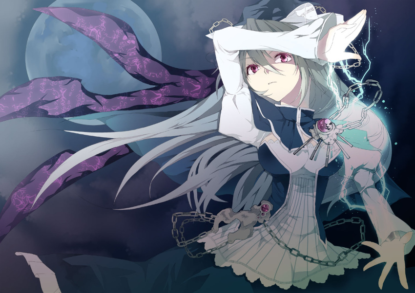 breasts capelet chains commentary_request dress female gradient_hair green_hair grey_hair hat impossible_clothes impossible_dress katayama_kei long_hair medium_breasts mima_(touhou) moon multicolored_hair red_eyes solo touhou touhou_(pc-98) wings wizard_hat