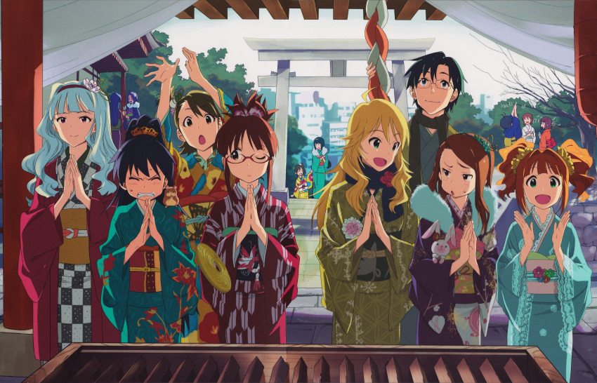 6+girls akizuki_ritsuko amami_haruka black_hair blue_eyes box brown_eyes brown_hair coin donation_box floral_print furisode futami_ami futami_mami ganaha_hibiki glasses hagiwara_yukiho haori hatsumoude highres hoshii_miki idolmaster idolmaster_(classic) japanese_clothes kikuchi_makoto kimono kisaragi_chihaya long_hair minase_iori miura_azusa multiple_girls new_year nishigori_atsushi obi official_art omikuji otonashi_kotori photoshop_(medium) ponytail producer_(idolmaster) producer_(idolmaster_anime) sash scarf shijou_takane short_hair shrine shrine_bell stone_torii takatsuki_yayoi torii winter winter_clothes yagasuri