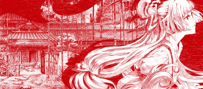 architecture bamboo bow commentary_request cosmic_(crownclowncosmic) crest_(music_circle) door east_asian_architecture eientei female fujiwara_no_mokou grass hairbow highres long_hair monochrome profile red_theme ribbon rock shirt solo suspenders touhou very_long_hair