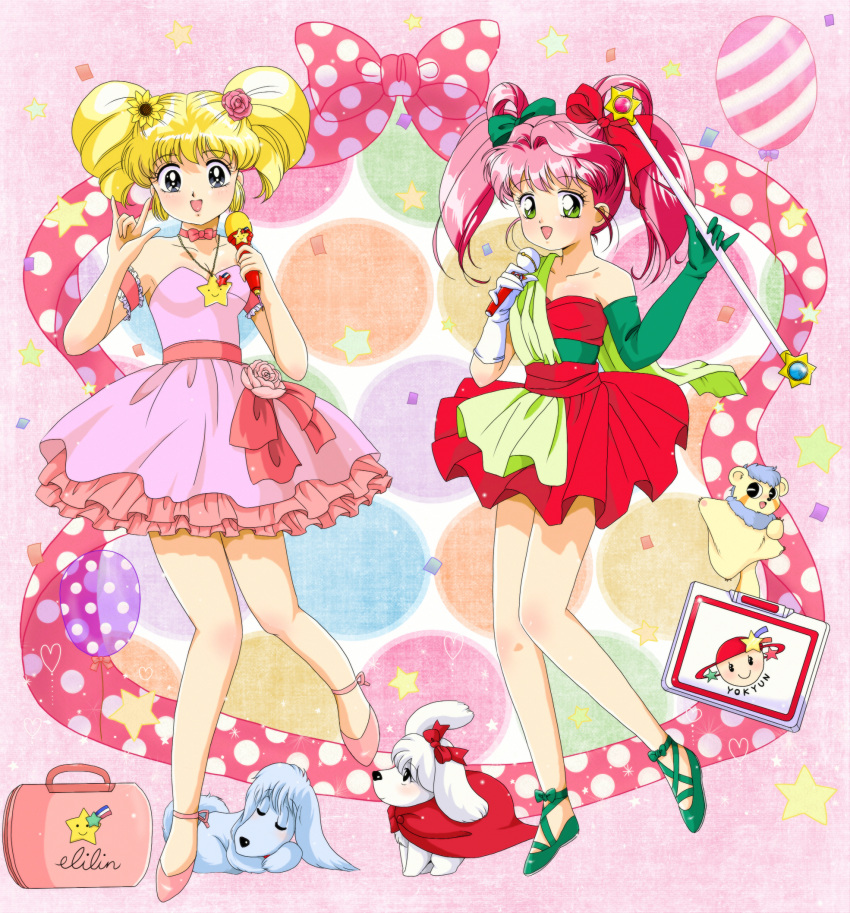 2girls \m/ balloon blonde_hair bow canine commentary_request crossover dress flower frills full_body gloves green_eyes grey_eyes hair_intakes hair_rings highres idol idol_densetsu_eriko idol_tenshi_youkoso_youko microphone mikiky multiple_girls pink_flower pink_hair pink_rose ribbon rose shoes short_hair short_twintails smile tamura_eriko tanaka_youko twintails