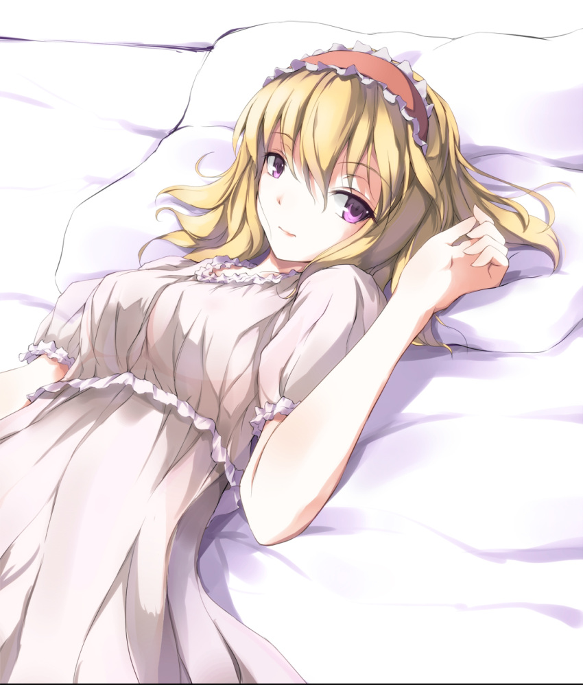 alice_margatroid awa_yume blonde_hair commentary_request female hairband highres looking_at_viewer lying nightgown on_back on_bed pillow purple_eyes short_hair solo touhou