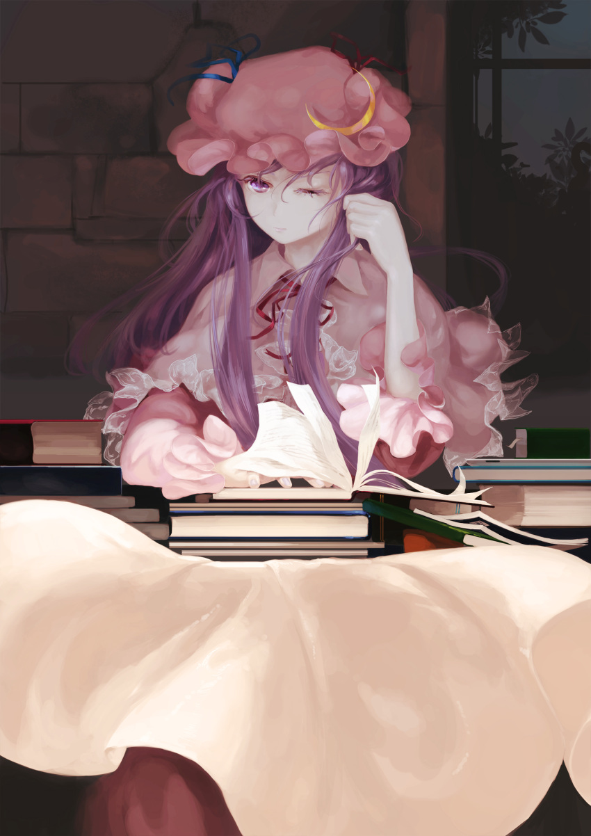 book commentary_request crescent female hat highres jq long_hair one_eye_closed partial_commentary patchouli_knowledge photoshop_(medium) purple_eyes purple_hair solo touhou upper_body