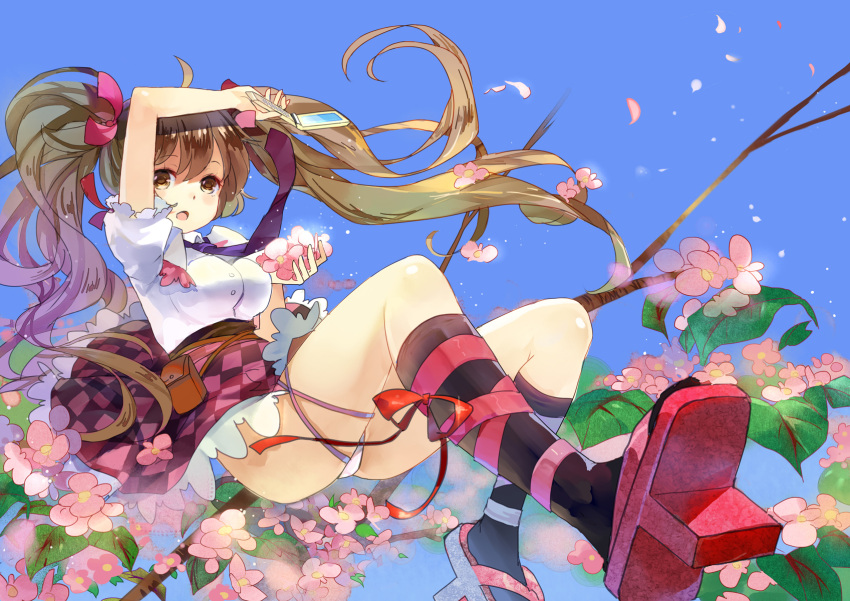 arm_up bag black_socks brown_eyes brown_hair cellphone cherry_blossoms commentary_request female hair_ribbon highres himekaidou_hatate kneehighs leg_ribbon long_hair necktie open_mouth panties phone photoshop_(medium) ribbon sheska_xue shirt skirt socks solo touhou tree twintails underwear white_panties