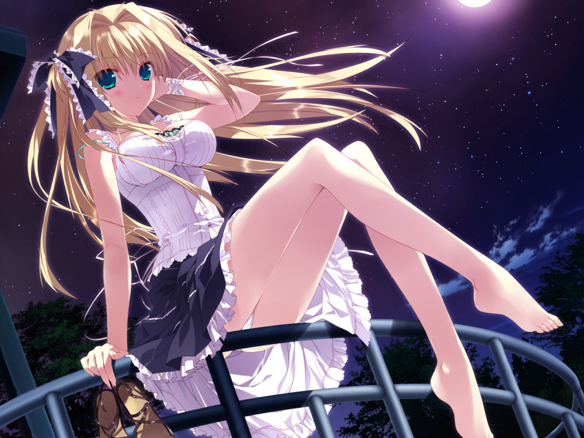 asaba_yuu barefoot blonde_hair dress game_cg hoshizora_e_kakaru_hashi hoshizora_e_kakaru_hashi_aa long_hair nanamori_seira night panties stars underwear