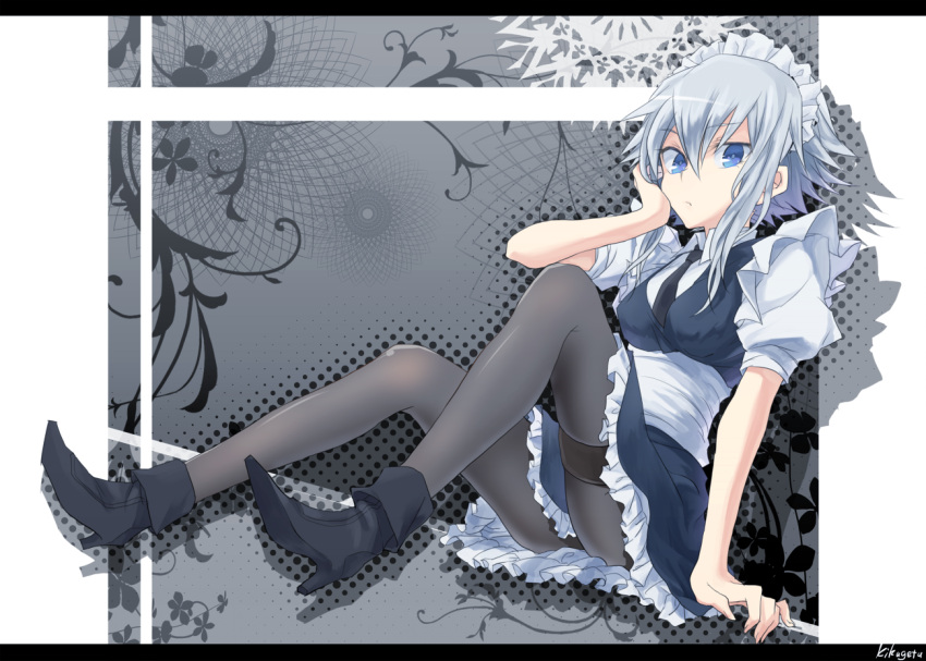 bad_id bad_pixiv_id black_pantyhose blue_eyes female grey_hair high_heels izayoi_sakuya kikugetsu maid_headdress necktie pantyhose shoes short_hair solo touhou