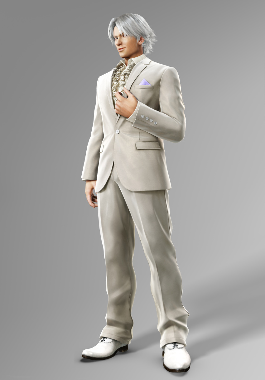 3d absurdres formal full_body gradient gradient_background highres lee_chaolan male male_focus official_art solo suit tekken tekken_blood_vengeance white_hair