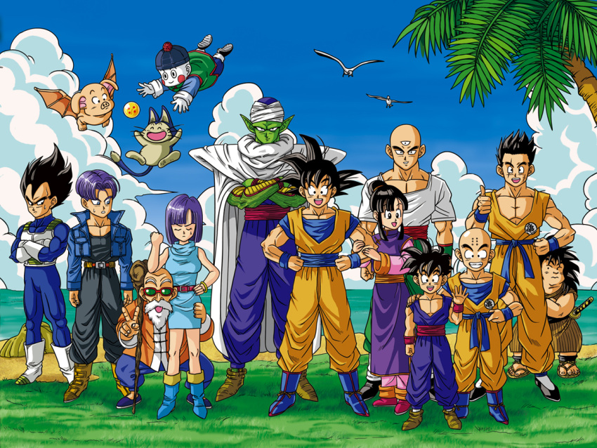 2girls 6+boys :d ^_^ armor bald beach beard belt bird black_hair blue_hair boots bulma_briefs cape chaozu chi-chi_(dragon_ball) closed_eyes cloud colored_skin commentary_request crossed_arms day dougi dragon_ball dragon_ball_(object) dragon_ball_z everyone facial_hair flying gloves grass green_skin grin hand_on_another's_shoulder hand_on_own_hip jacket kuririn lolicon martial_arts_belt multiple_boys multiple_girls muscular muscular_child muscular_male muten_roushi oolong open_mouth outdoors palm_tree photoshop_(medium) piccolo puar saiyan_armor sandals seagull shiro_mame shoes smile son_gohan son_goku spiked_hair sunglasses sweatdrop sword tail teeth tenshinhan third_eye thumbs_up tree trunks_(dragon_ball) trunks_(future)_(dragon_ball) turban v vegeta water waving weapon yajirobe yamcha